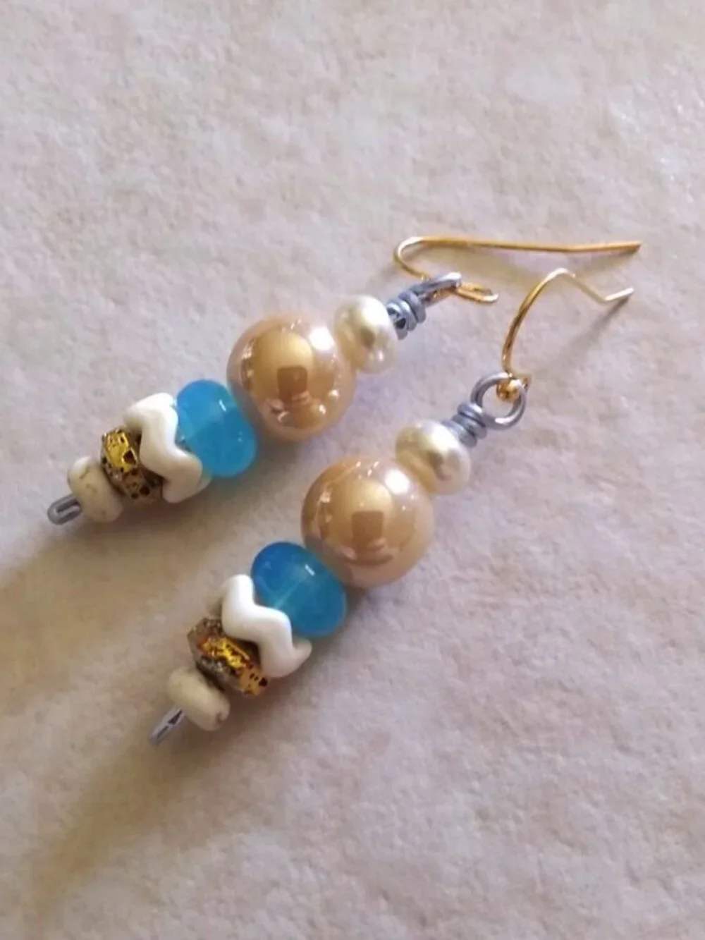 Handmade! Trendy Versatile and Chic - Bead Stack Dangle Earrings - Blue & Cream